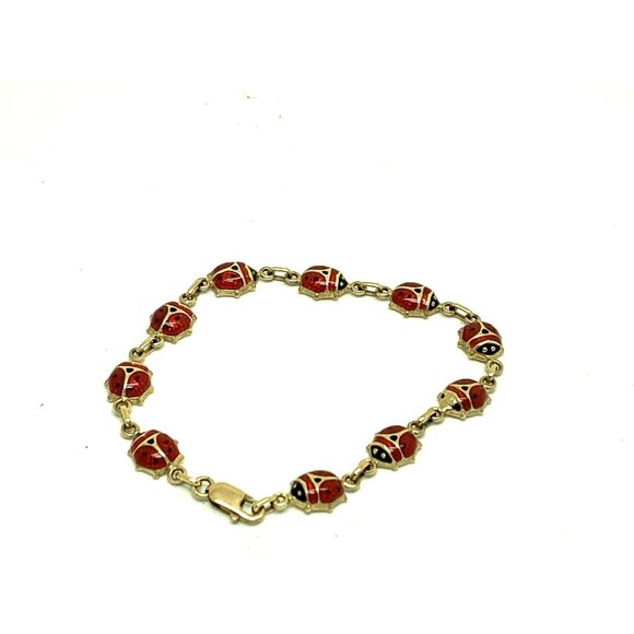Red Lady Bug Bracelet 14k Yellow Gold Chain Women's 6.5'' Wrist Estate Jewelry - Picture 2 of 13